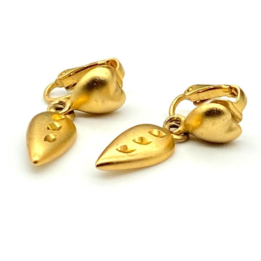 Vintage Satin Heart Earrings with Diamond Etched Dangle Drop, Classy Gold Tone